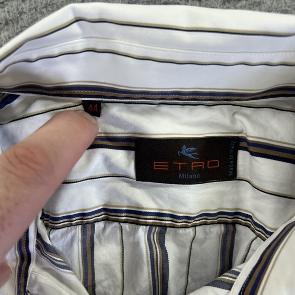 ETRO Milano Dress Shirt Mens 44 XL Blue Brown Stripe Long Sleeve Button Up Italy - Picture 7 of 7